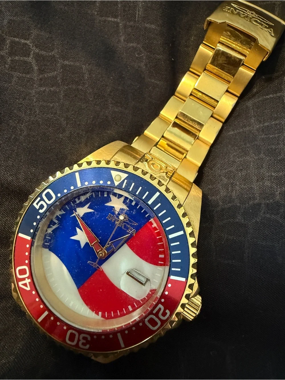 Invicta Gold Tone Dive Watch with Red, White and Blue Flag Dial